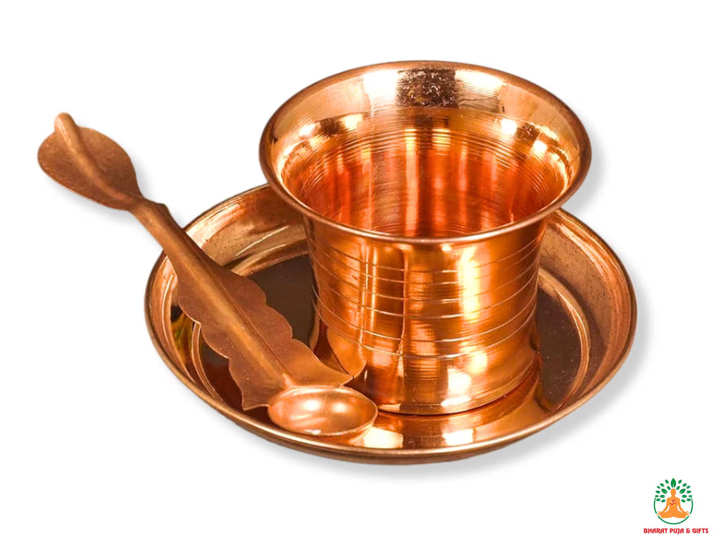 Panch Patra Set | Achaman Patra Pali Copper Plate | Copper Achaman Set