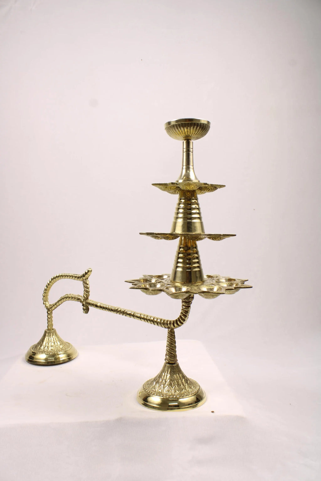 Large Brass Ganga Aarti Diya with Handle | Brass 3 Stage Samai | 3 Step Traditional Indian Oil Lamp