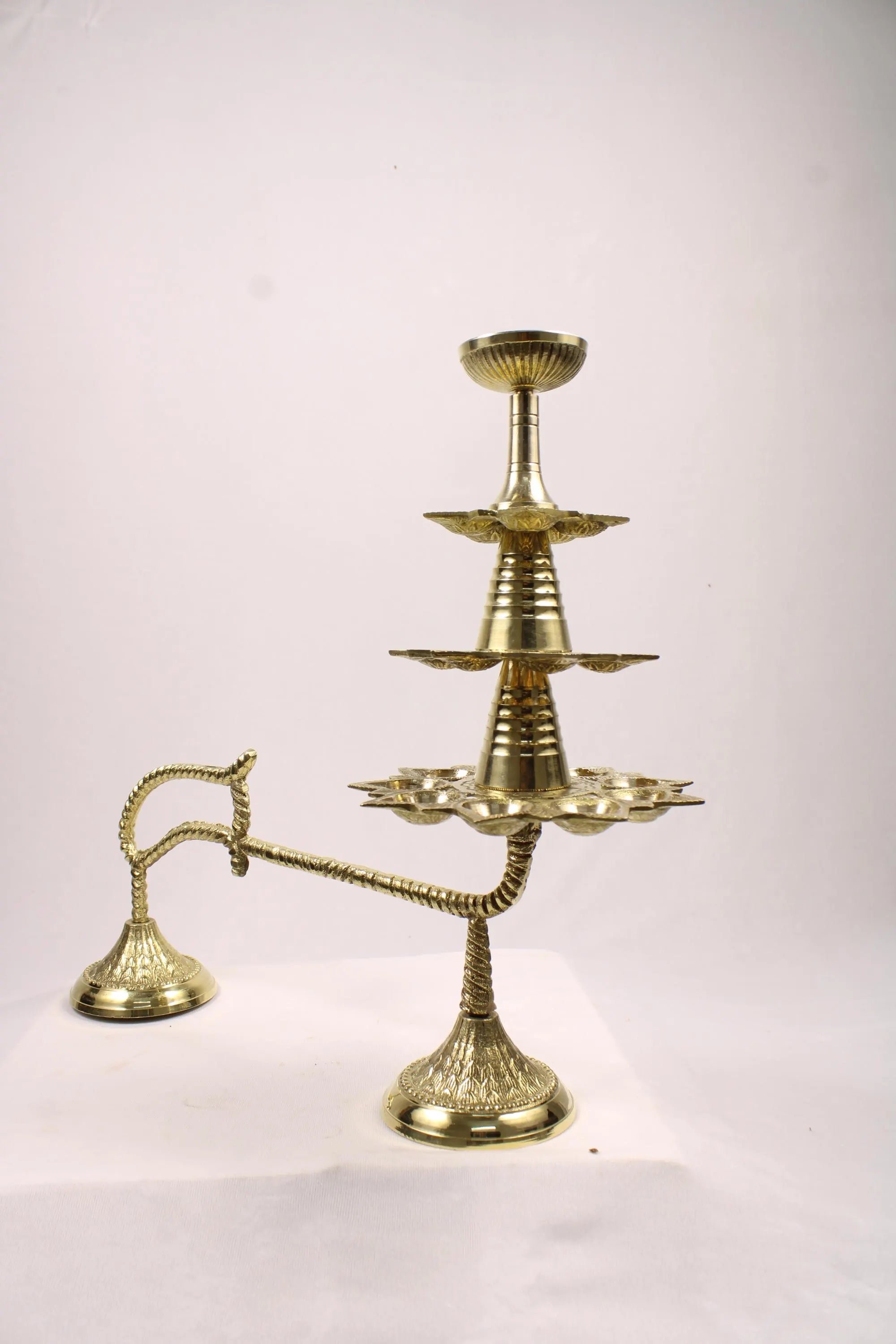 Large Brass Ganga Aarti Diya with Handle | Brass 3 Stage Samai | 3 Step Traditional Indian Oil Lamp