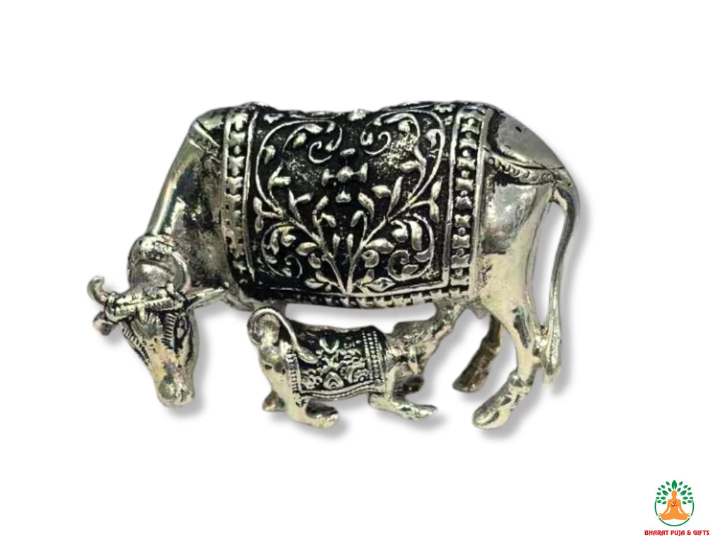 Pure Silver Cow and Calf Idol | 999 Silver Kamadhenu Cow Murti | Silver Holy Cow Idol
