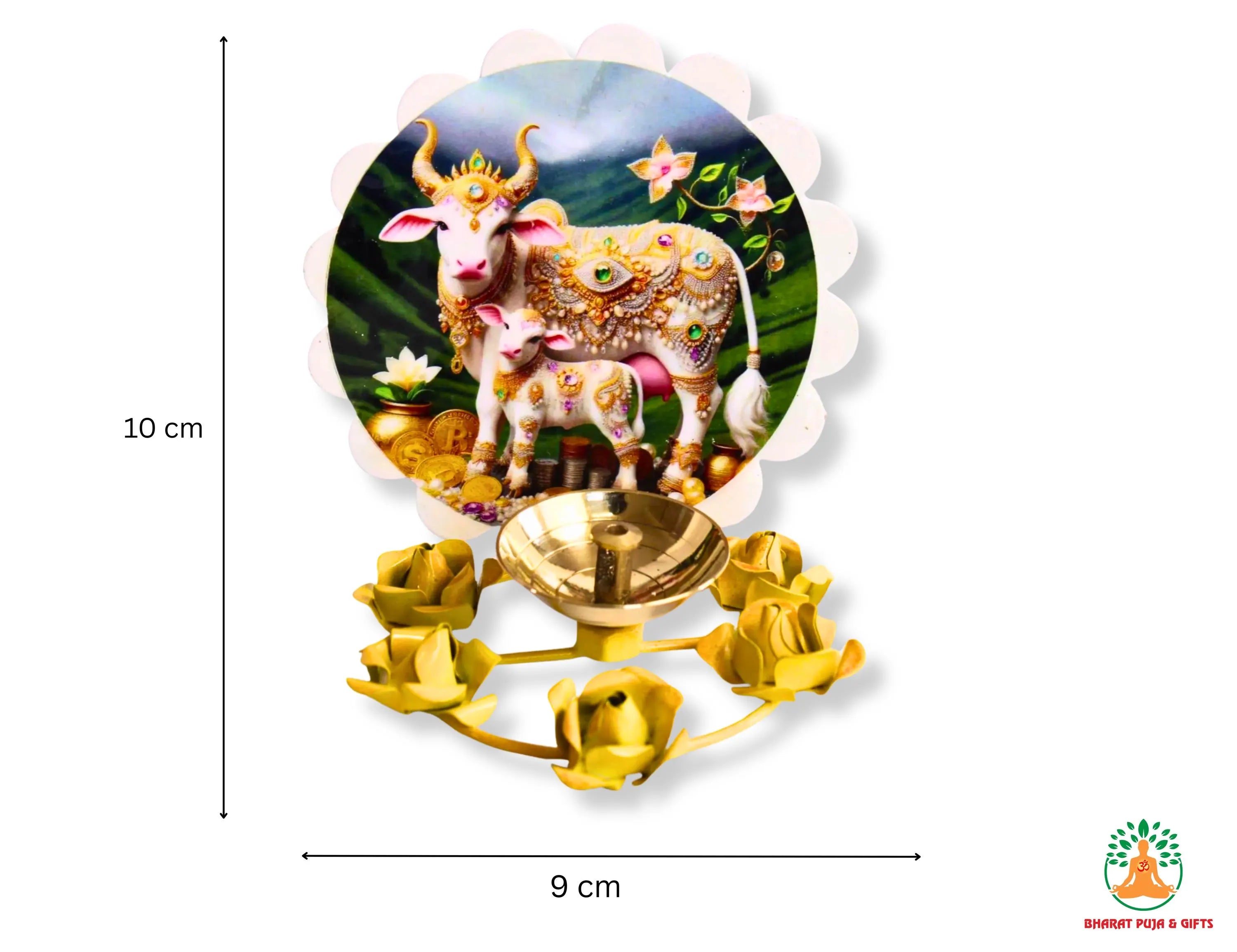 Brass Diya with Cow and Calf Picture | Decorative Oil Lamp | Fancy Diya for Diwali Decorations | Indian Home Decor | Hindu Spiritual Gift