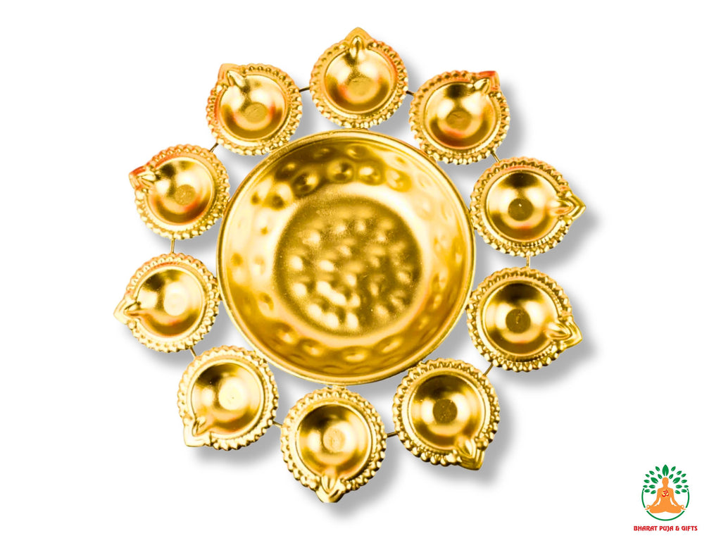 Brass Flower Shape Decorative Bowl with 10 Small Attached Diyas – Festive Urli Bowl | Centerpiece for Diwali Navratri