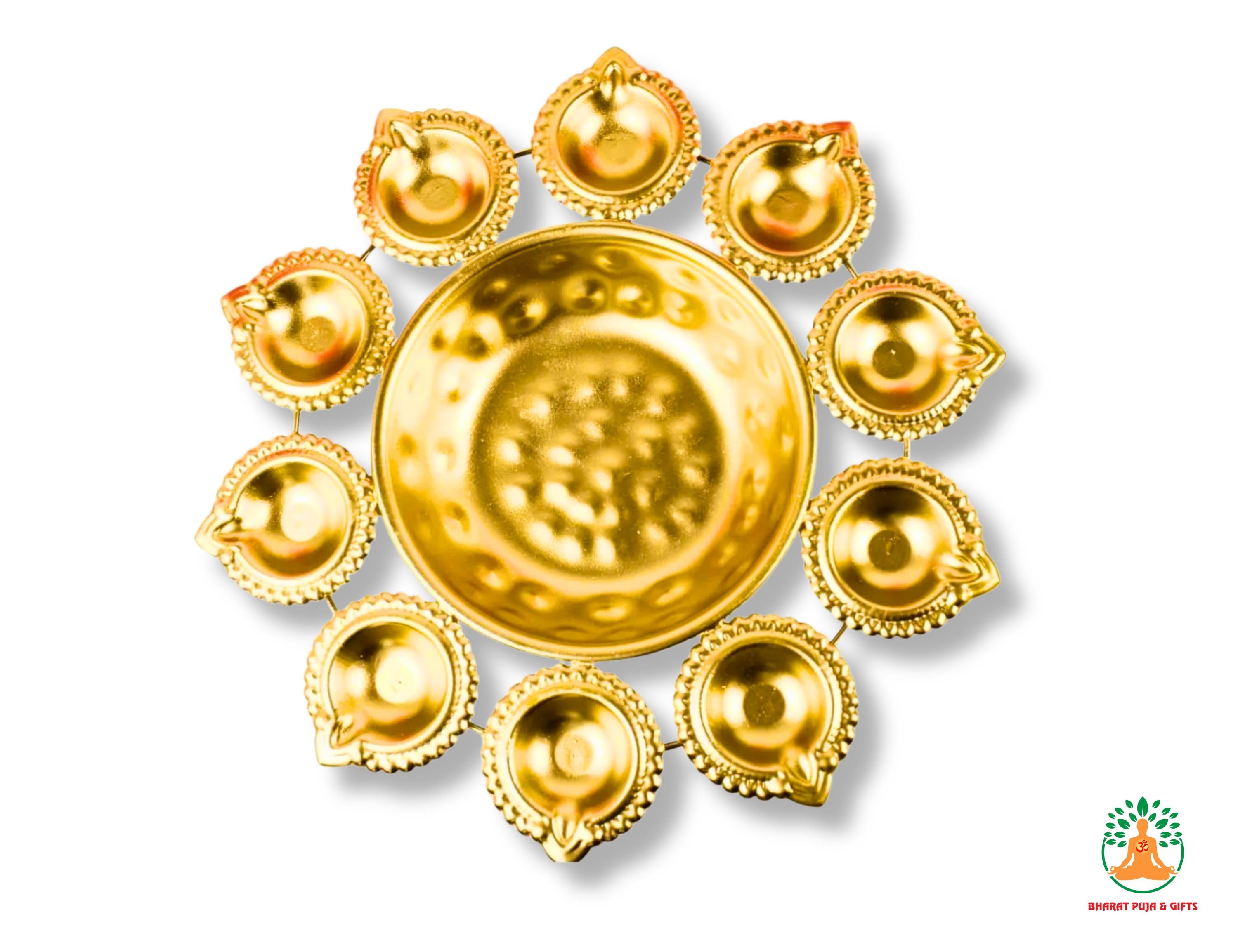 Brass Flower Shape Decorative Bowl with 10 Small Attached Diyas – Festive Urli Bowl | Centerpiece for Diwali Navratri
