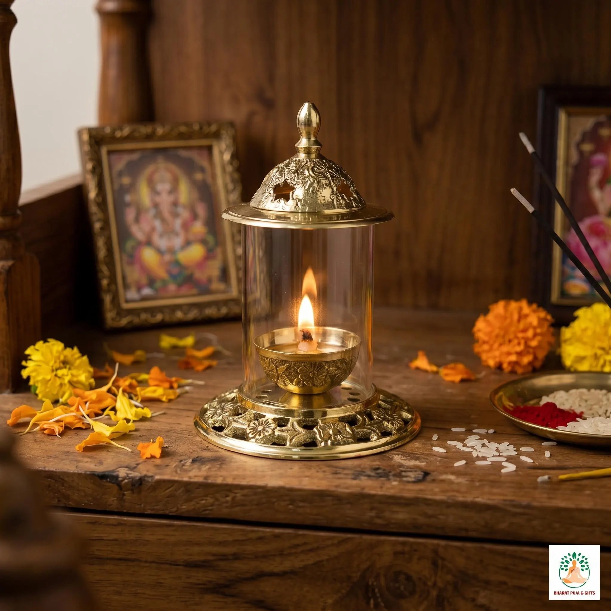 Brass Diya with Round Glass Wind Shield | Traditional Puja Diya with Protective Glass Cover | Brass Oil Lamp with Cover