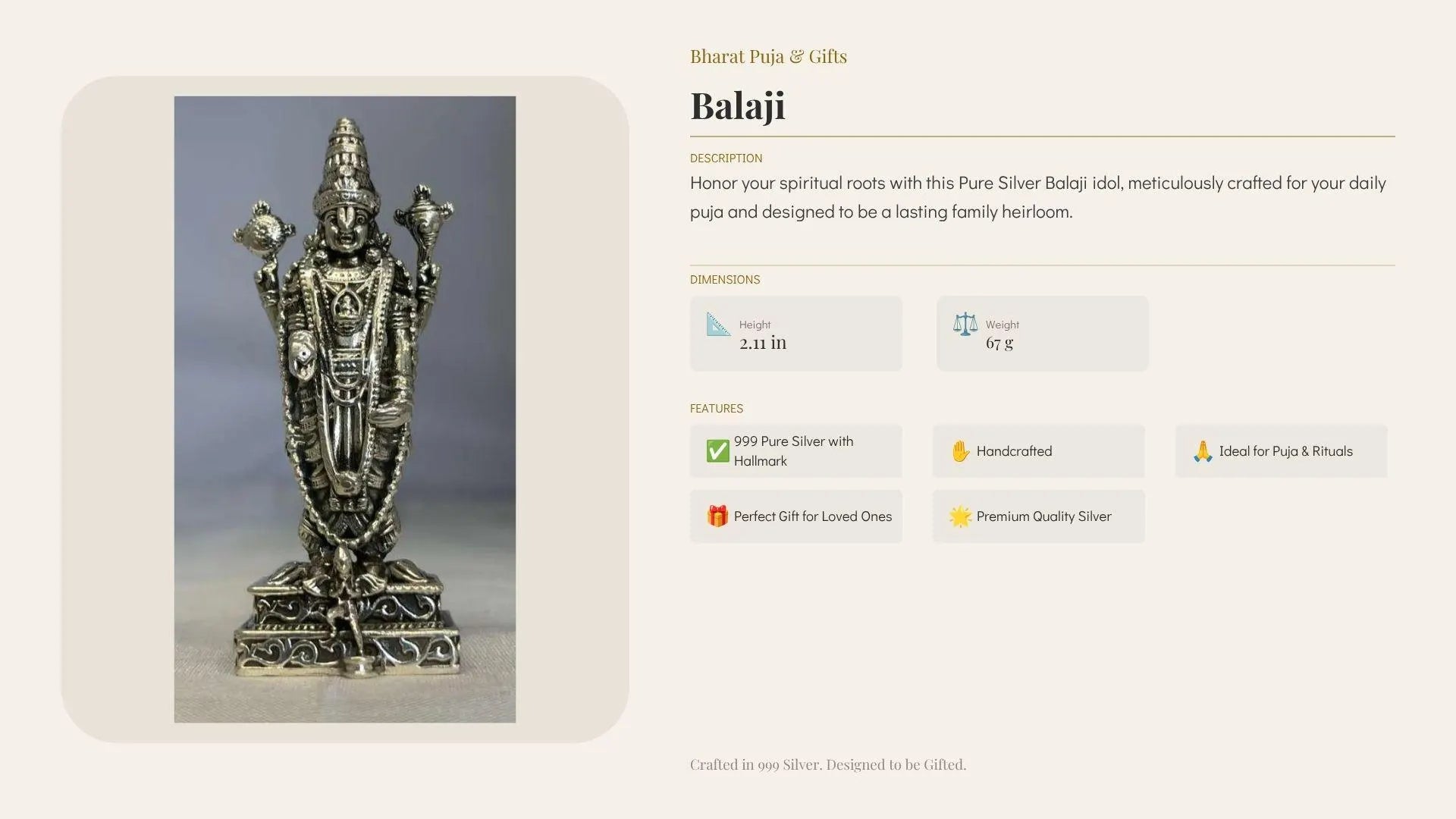 Pure Silver Balaji Idol | 999 Silver Venkateswara Swamy Swami Murti | Silver Tirupati Balaji