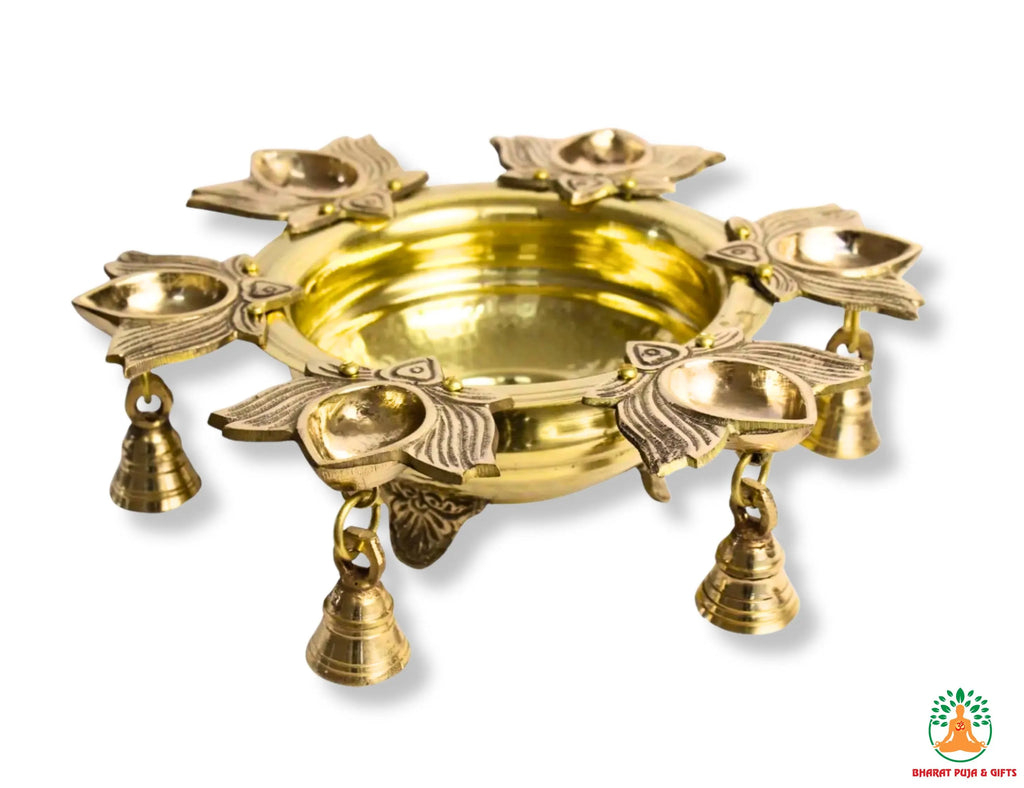 Brass Urli Bowl with Diya and Hanging Bells | Festive Decorative Oil Lamp Bowl | Diwali Urli Bowl | Navratri Diya Bowl