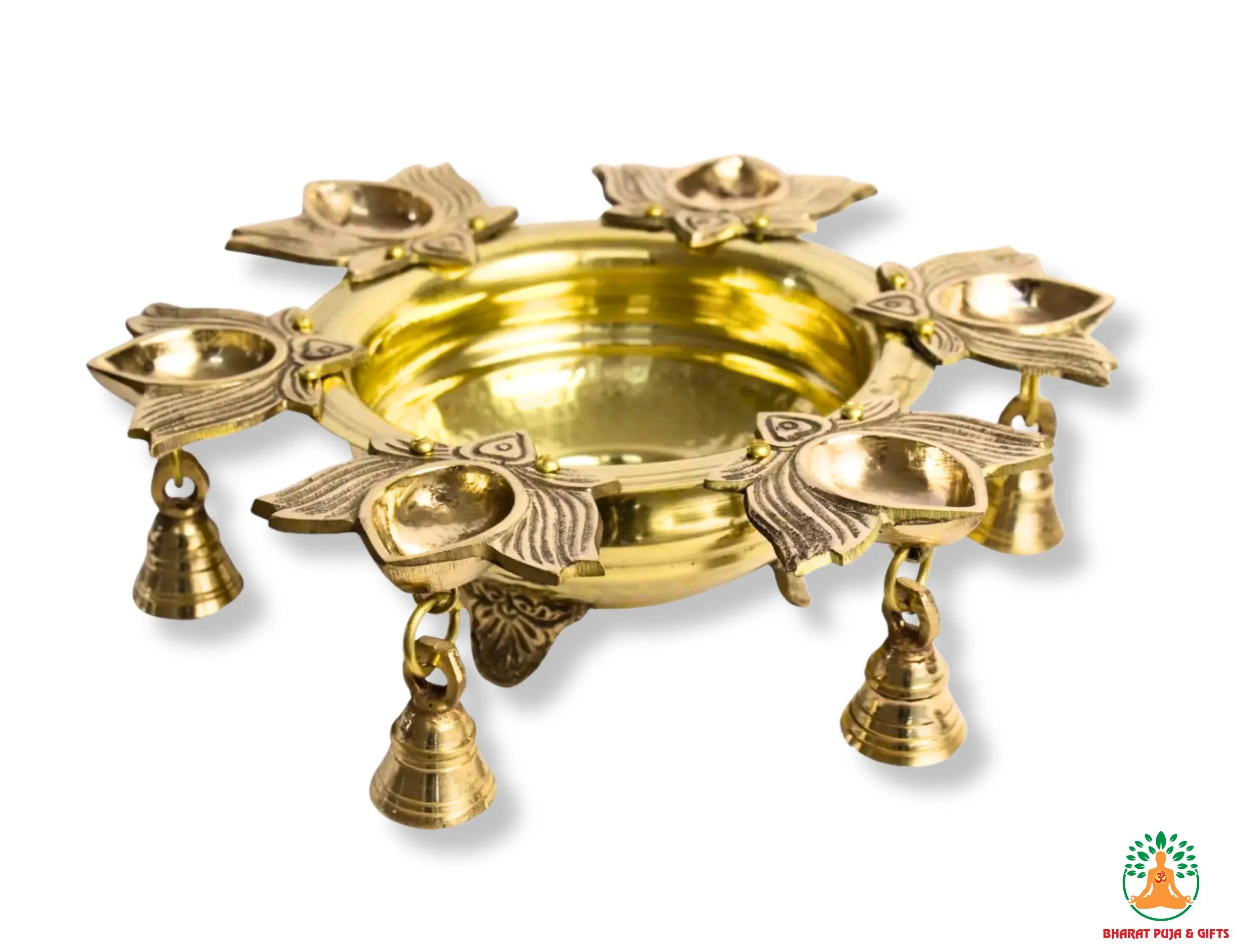 Brass Urli Bowl with Diya and Hanging Bells | Festive Decorative Oil Lamp Bowl | Diwali Urli Bowl | Navratri Diya Bowl