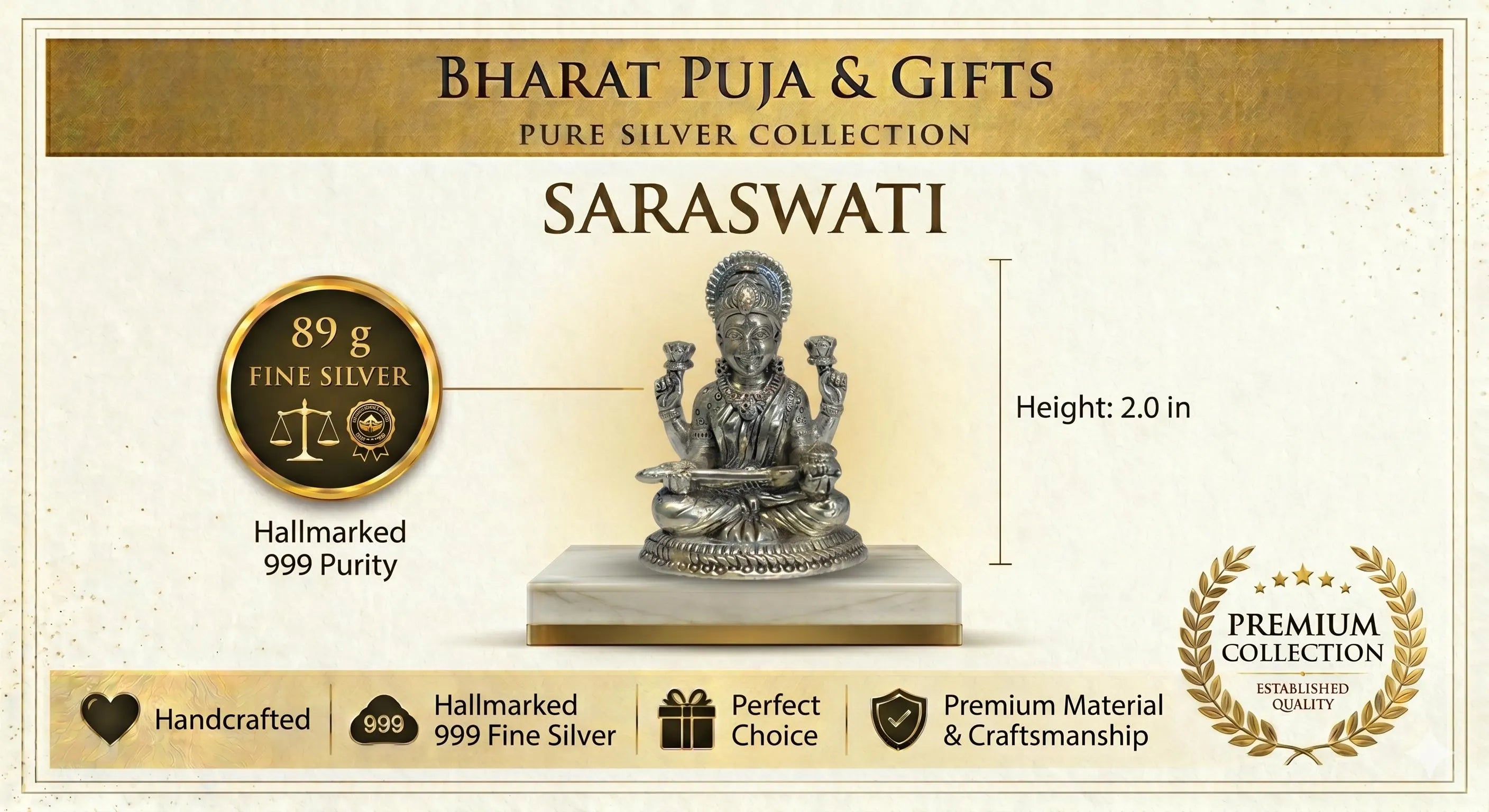 Pure Silver Saraswati Idol | 999 Silver Saraswati Murti | Silver Sarasvati Statue