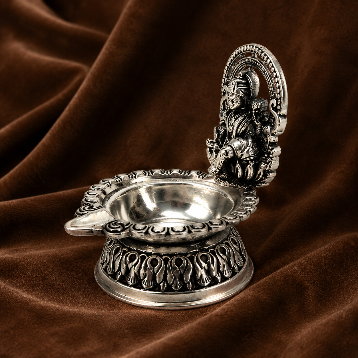 Silver Lakshmi Diya | Auspicious Puja Oil Lamp | Divine Home Decor & Gift | Silver Diya with Laxmi | Silver Diwali Diya