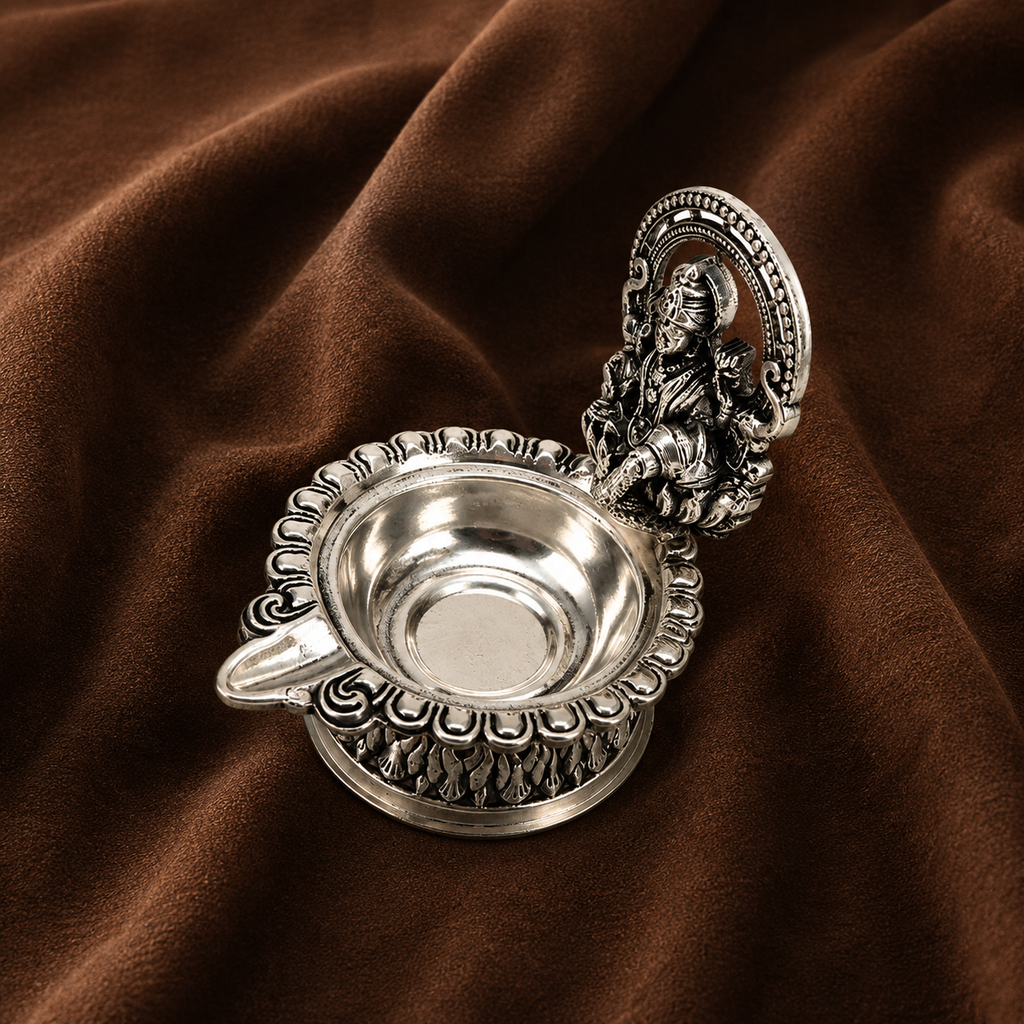 Silver Lakshmi Diya | Auspicious Puja Oil Lamp | Divine Home Decor & Gift | Silver Diya with Laxmi | Silver Diwali Diya