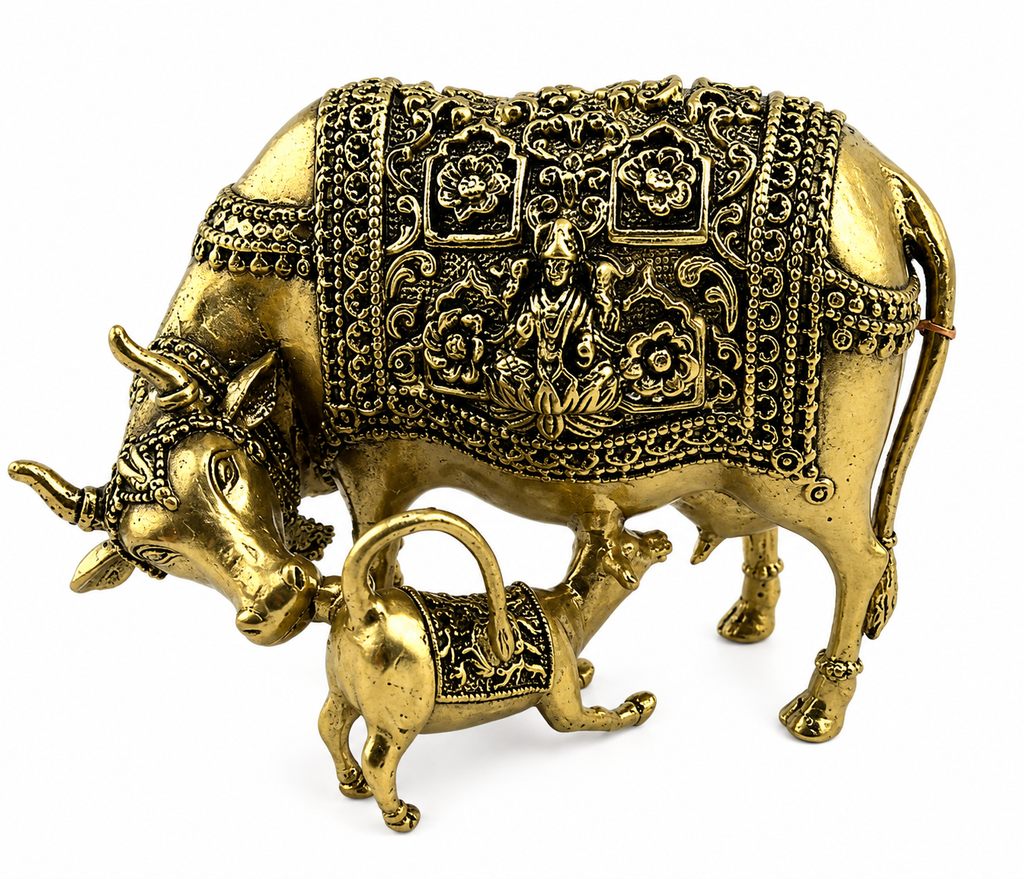 Panchaloha Kamadhenu Cow & Calf Idol | Sacred Gau Mata Murti