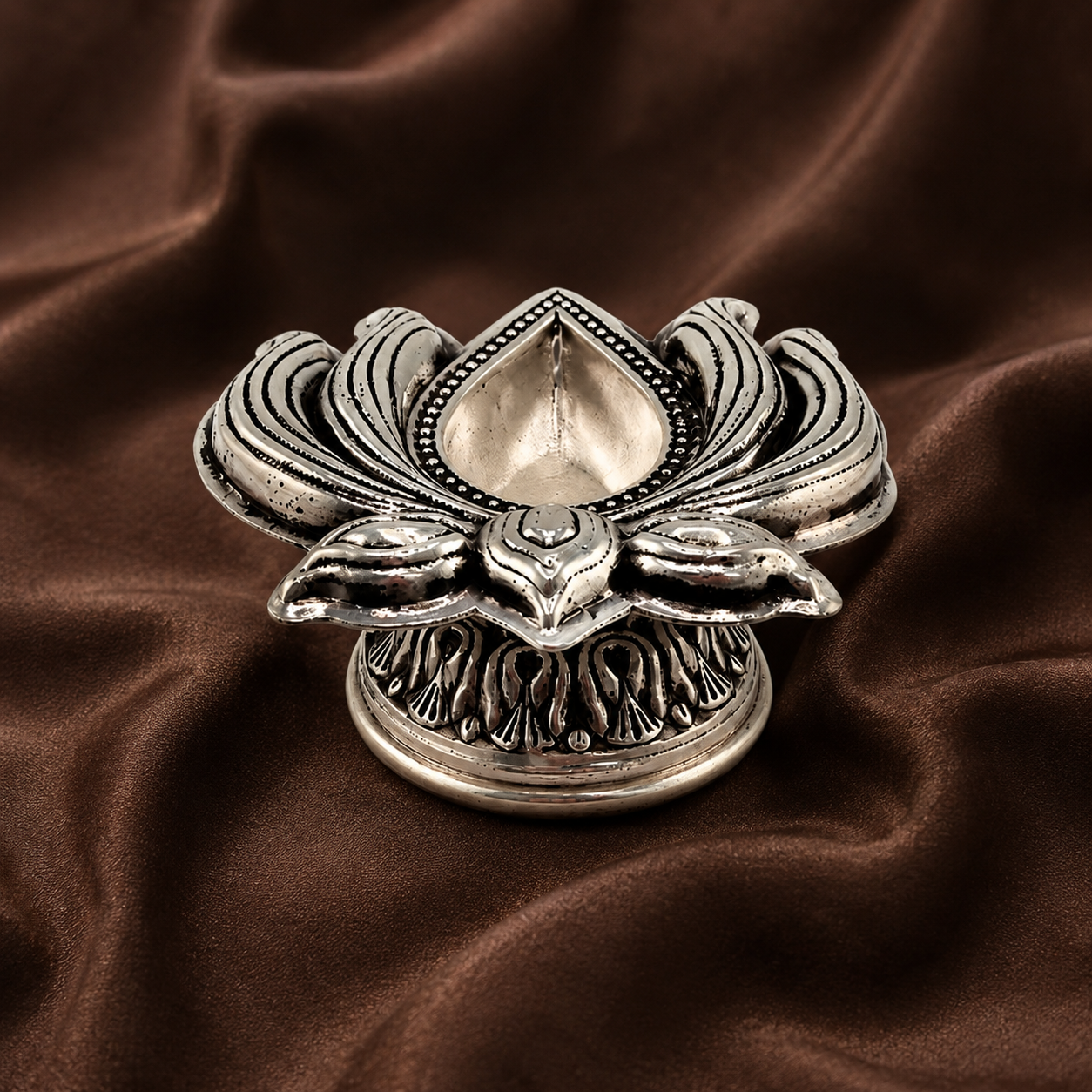 Pure Silver Lotus Diya | Elegant Silver Puja Oil Lamp | Sacred Home Decor & Auspicious Gift