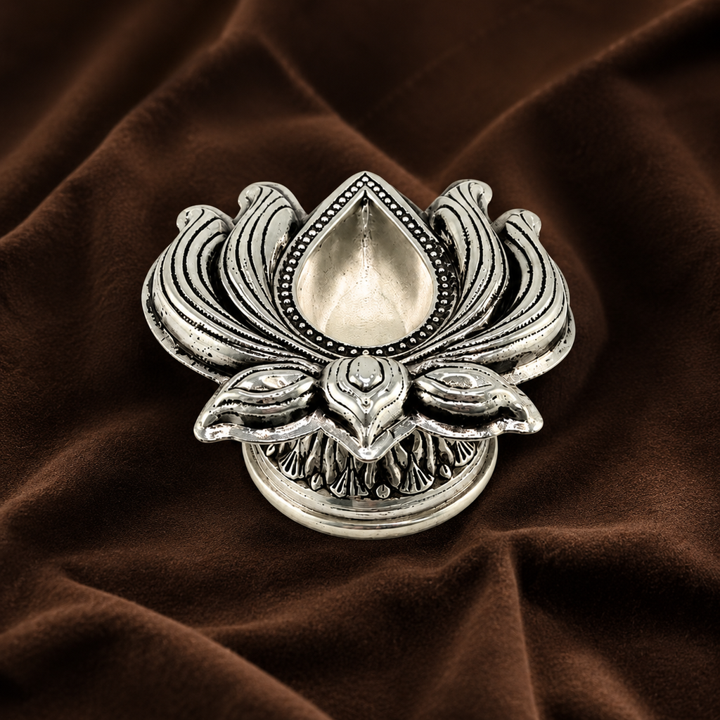 Pure Silver Lotus Diya | Elegant Silver Puja Oil Lamp | Sacred Home Decor & Auspicious Gift