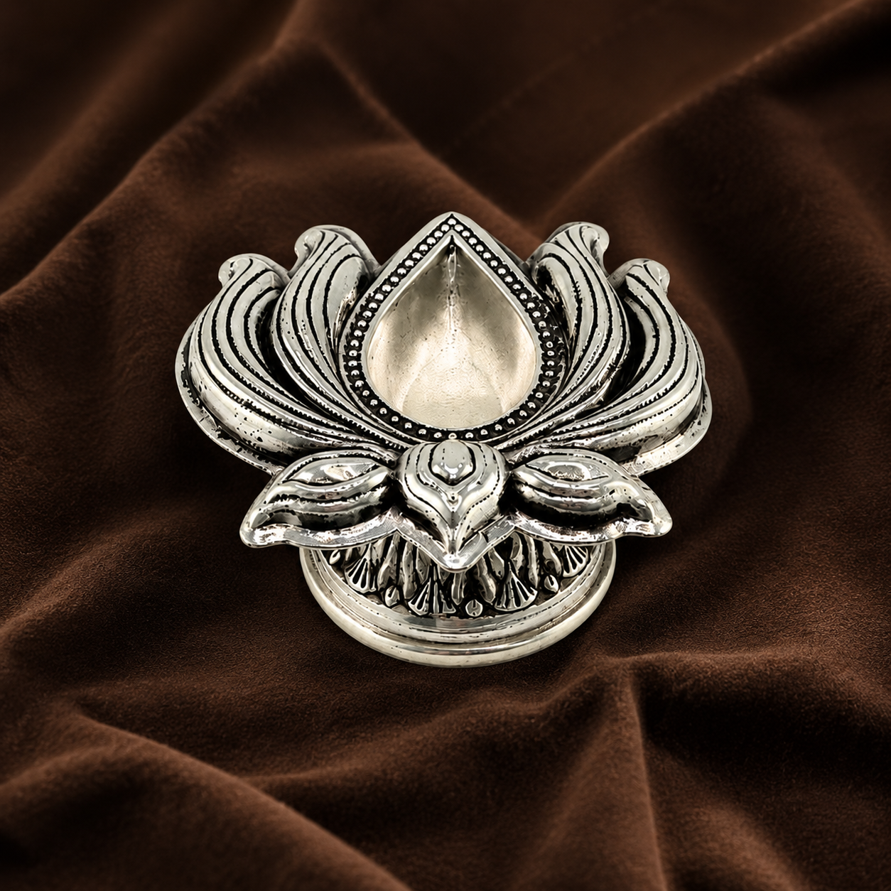 Pure Silver Lotus Diya | Elegant Silver Puja Oil Lamp | Sacred Home Decor & Auspicious Gift