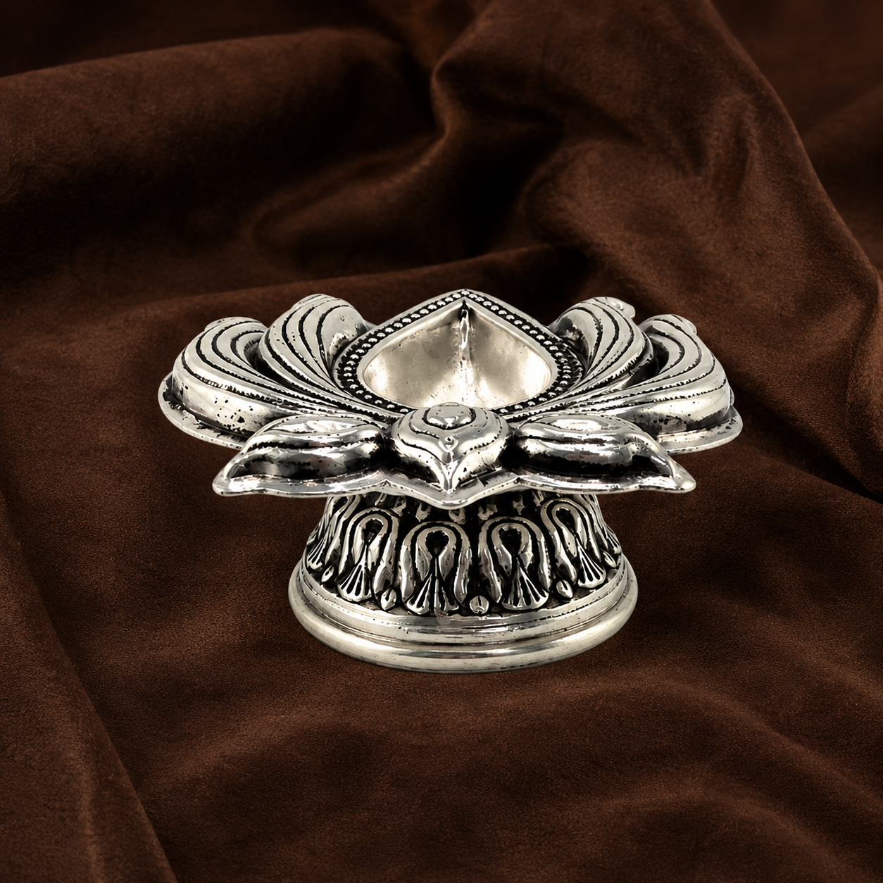 Pure Silver Lotus Diya | Elegant Silver Puja Oil Lamp | Sacred Home Decor & Auspicious Gift