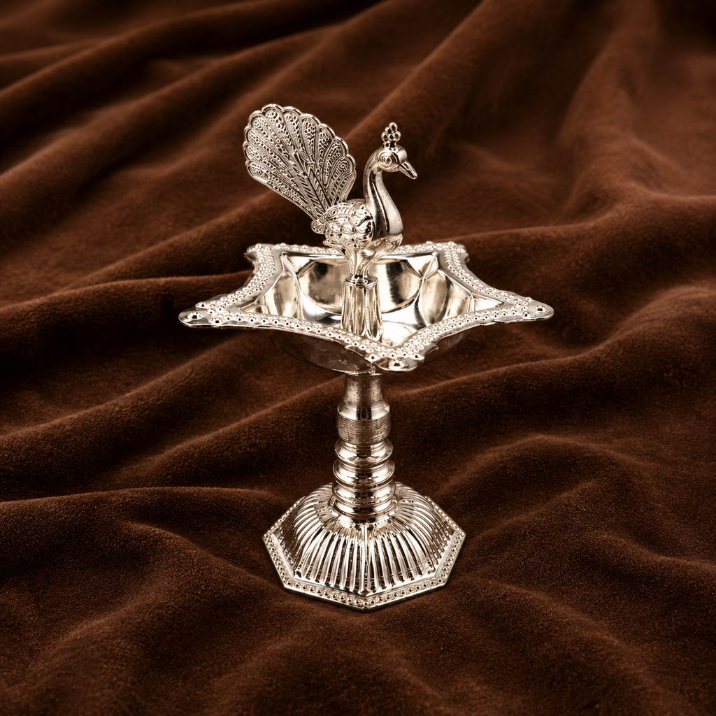 Pure Silver Peacock Diya | 999 Fine Silver Peacock Samai Lamp
