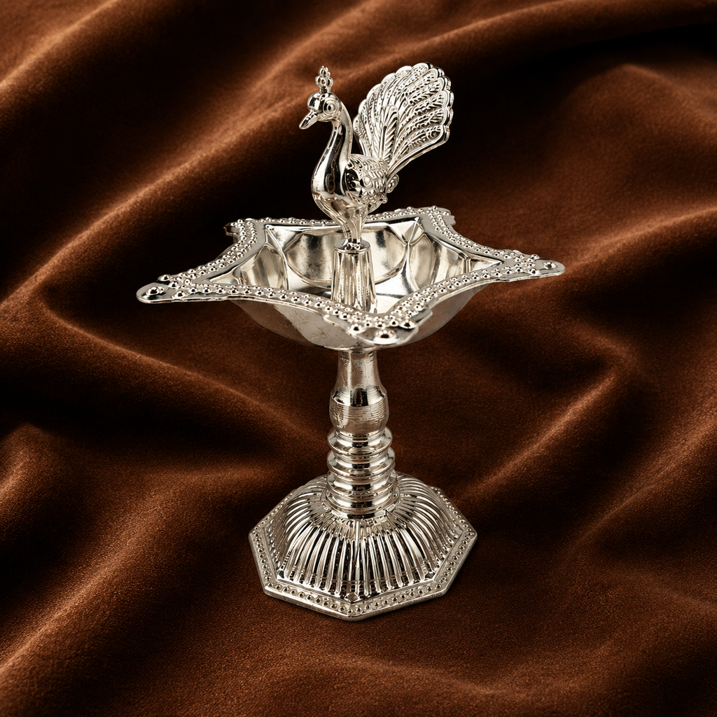 Pure Silver Peacock Diya | 999 Fine Silver Peacock Samai Lamp