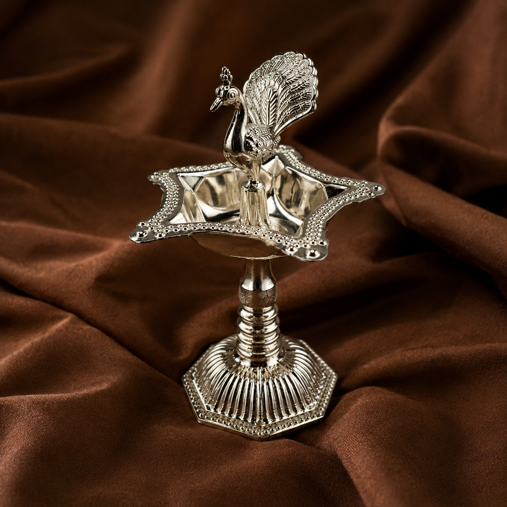 Pure Silver Peacock Diya | 999 Fine Silver Peacock Samai Lamp