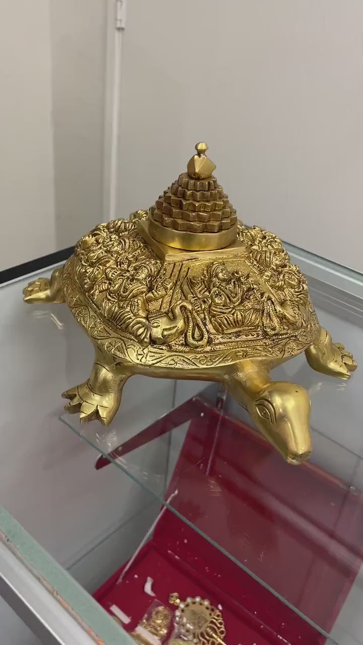 Brass Tortoise with Shree Yantra and Ashtalakshmi Carved | Shri Yantra Turtle/Tortoise/Kachua| Vastu Feng Shui Decor | Good Luck Turtle