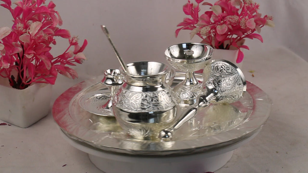 German Silver Pooja Thali for Aarti & Rituals | Elegant Puja Plate for Home Mandir, Diwali, Wedding & Housewarming Gift | Traditional Silver Finish