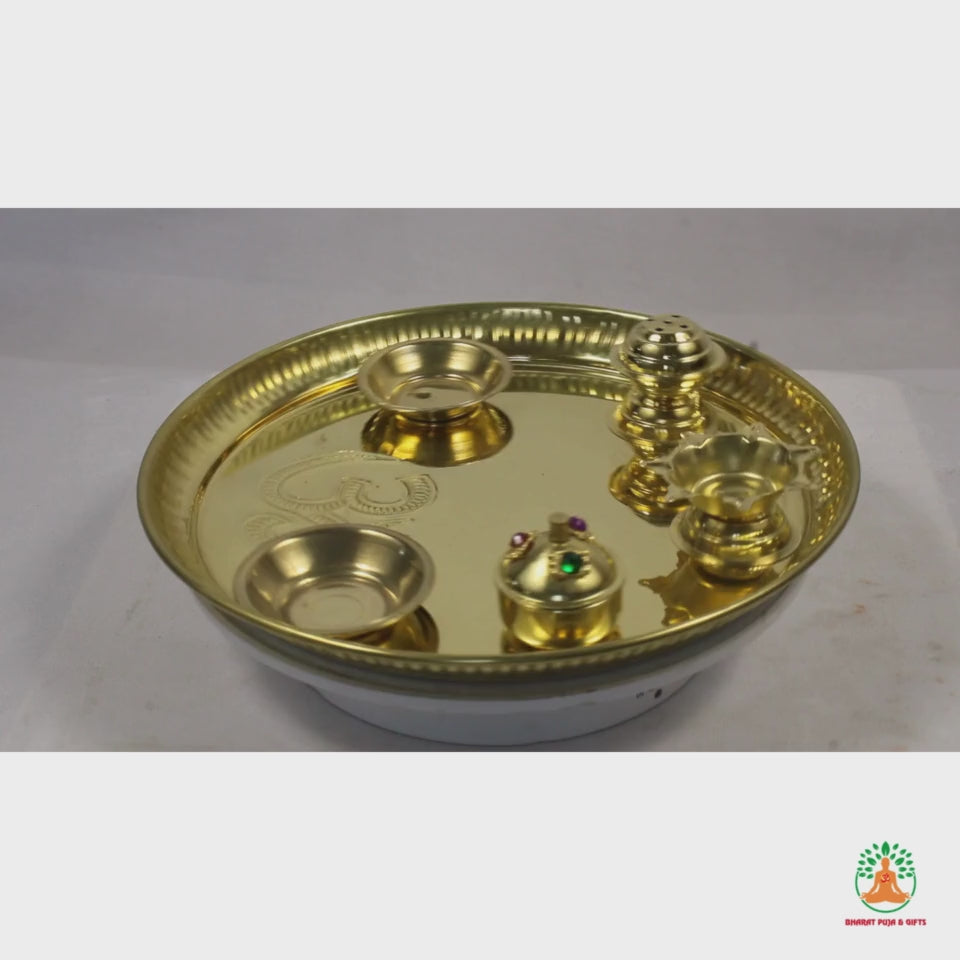 Brass Pital Puja Thali Set | Traditional 5 in 1 Pooja Thali with Kumkum Box, Incense Holder, Bowls &amp; Diya | Festival Aarti Thali for Home Mandir &amp; Spiritual Gift 🪔🙏🌸