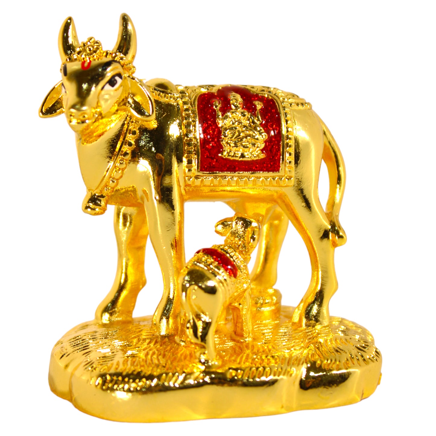 Intricate Small Kamdhenu Cow and Calf Idol  - 24 Ct Golden plated