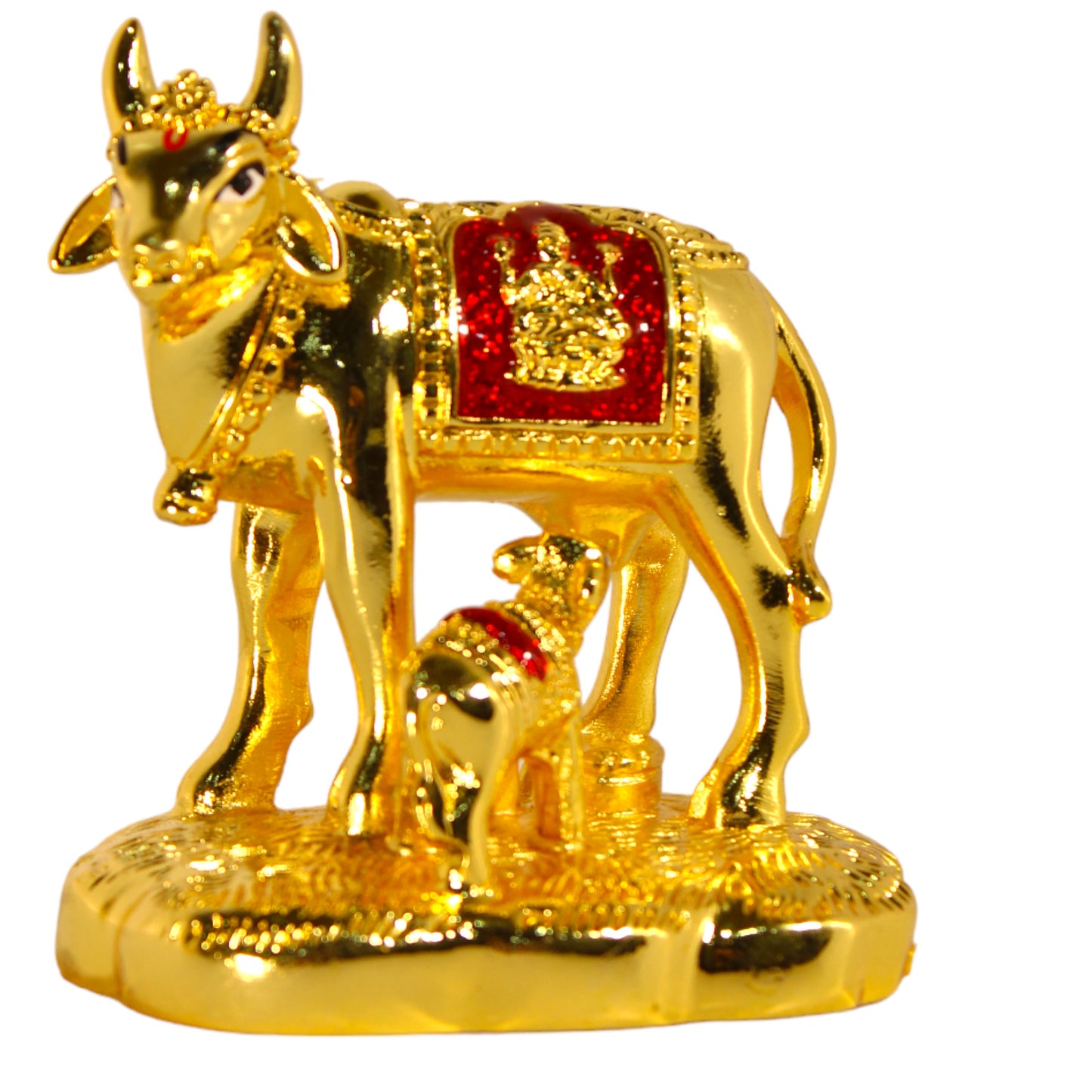 Intricate Small Kamdhenu Cow and Calf Idol  - 24 Ct Golden plated