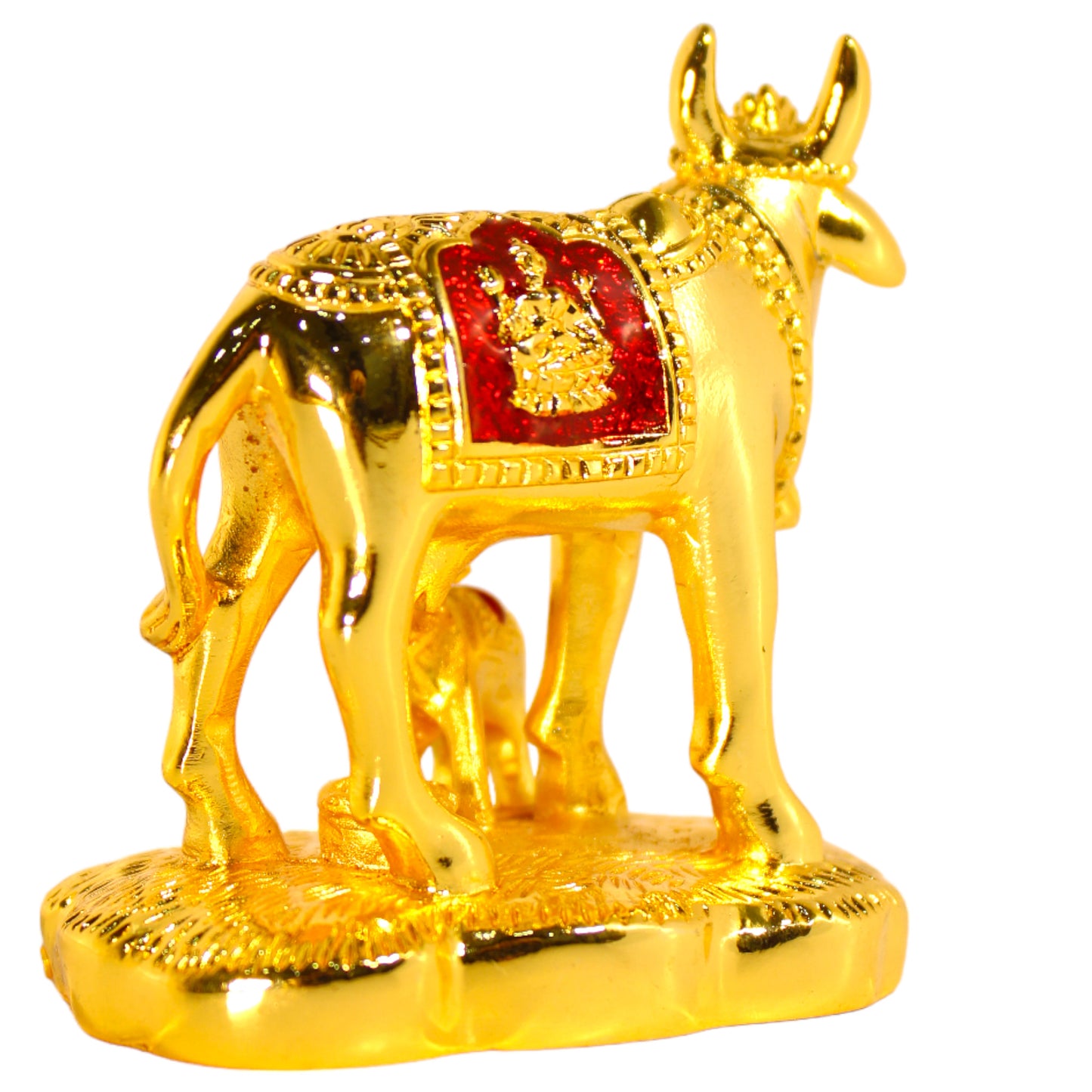 Intricate Small Kamdhenu Cow and Calf Idol  - 24 Ct Golden plated