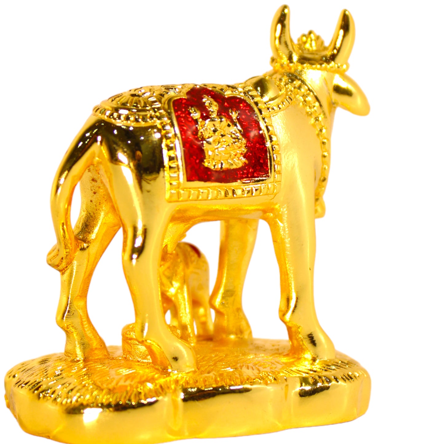 Intricate Small Kamdhenu Cow and Calf Idol  - 24 Ct Golden plated