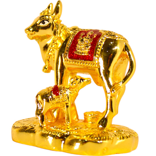 Intricate Small Kamdhenu Cow and Calf Idol  - 24 Ct Golden plated