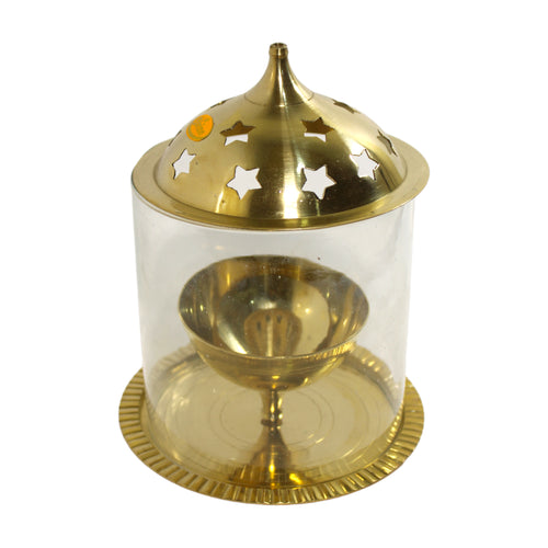 Brass Akhand Diya Lamp With cover Glass and lid premium brass handicraft for Puja Home decor