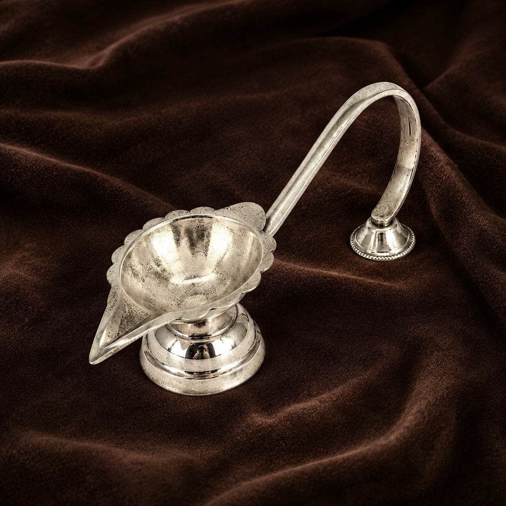 Silver Diya with Handle | Pure Silver Aarti Diya | Silver Puja Diya