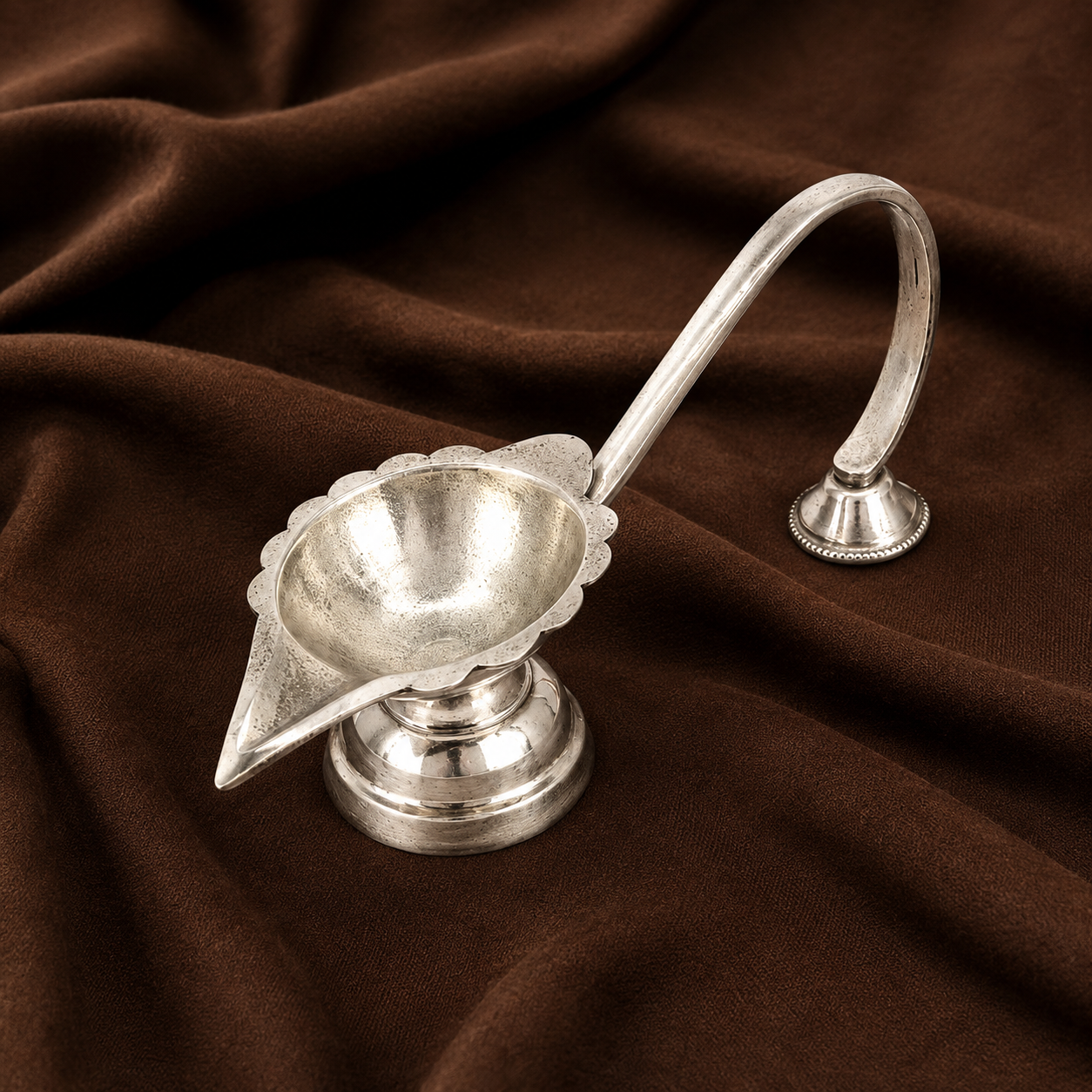 Silver Diya with Handle | Pure Silver Aarti Diya | Silver Puja Diya
