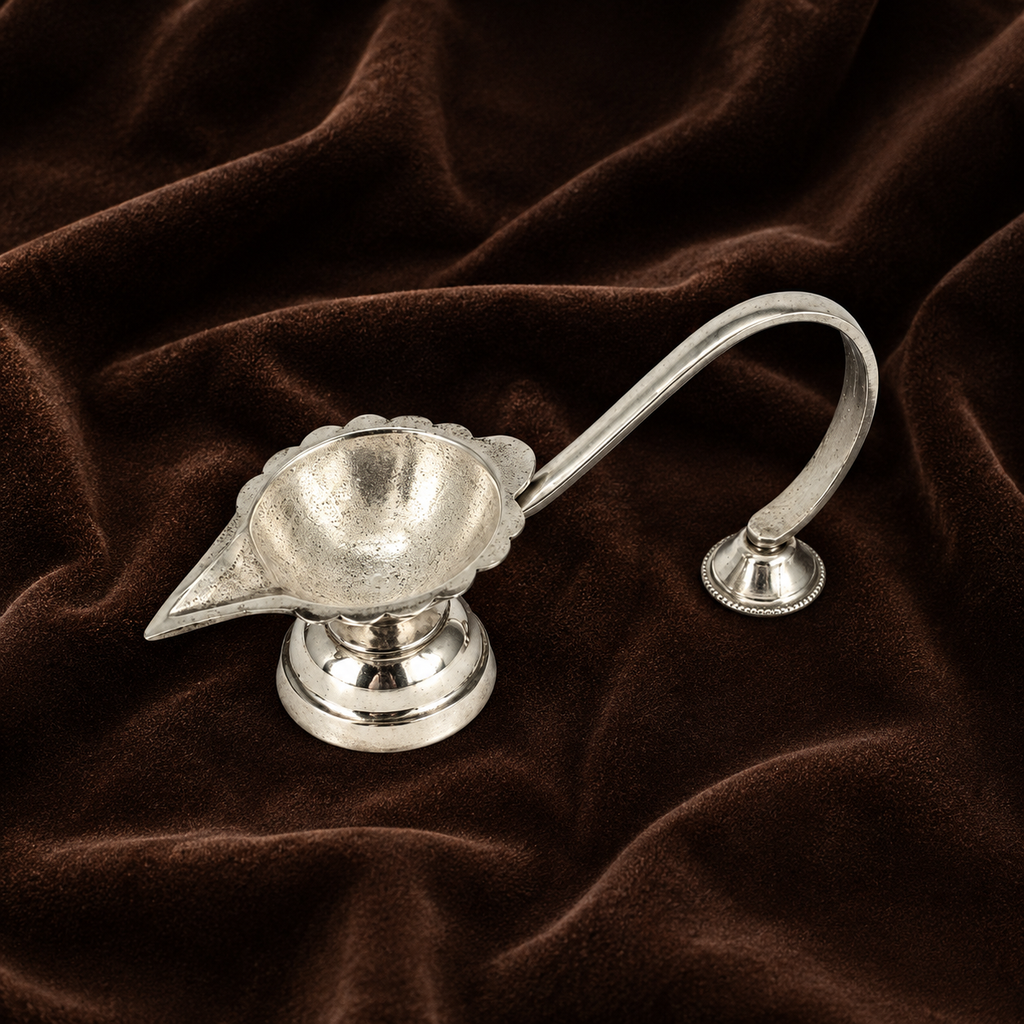 Silver Diya with Handle | Pure Silver Aarti Diya | Silver Puja Diya