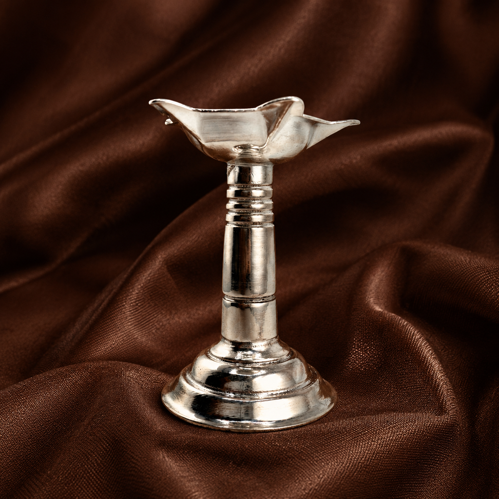 Pure Silver Traditional Samai Diya | 999 Fine Silver Standing Oil Lamp for Puja & Home Temple
