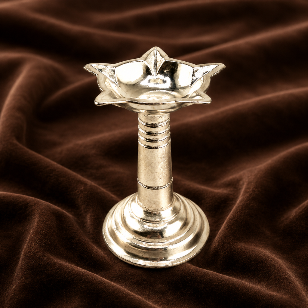 Pure Silver Traditional Samai Diya | 999 Fine Silver Standing Oil Lamp for Puja & Home Temple