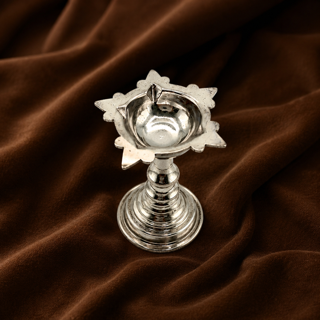 Pure Silver Lotus Samai Diya | 999 Fine Silver Standing Oil Lamp