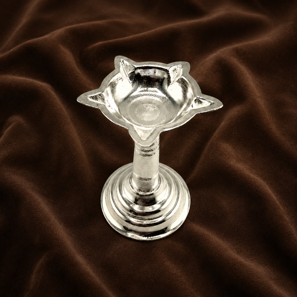 Pure Silver Traditional Samai Diya | 999 Fine Silver Standing Oil Lamp for Puja & Home Temple