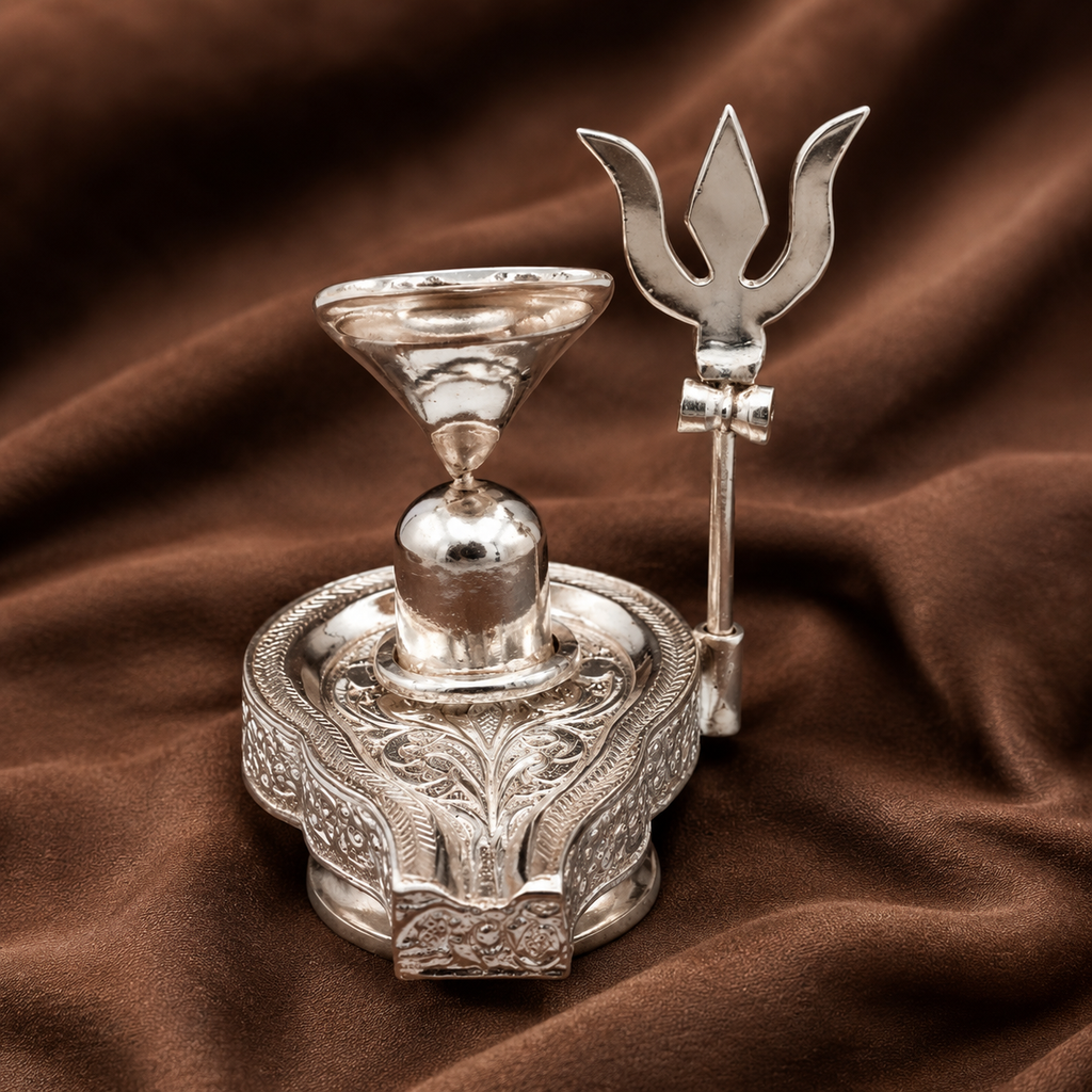 Pure Silver Shivling with Trishul | Traditional Shiva Lingam Idol