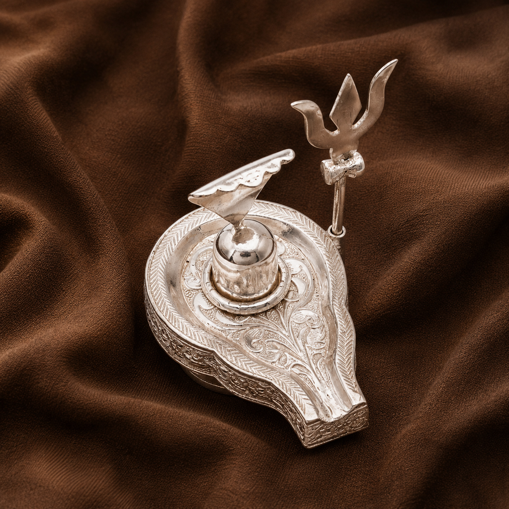 Pure Silver Shivling with Trishul | Traditional Shiva Lingam Idol