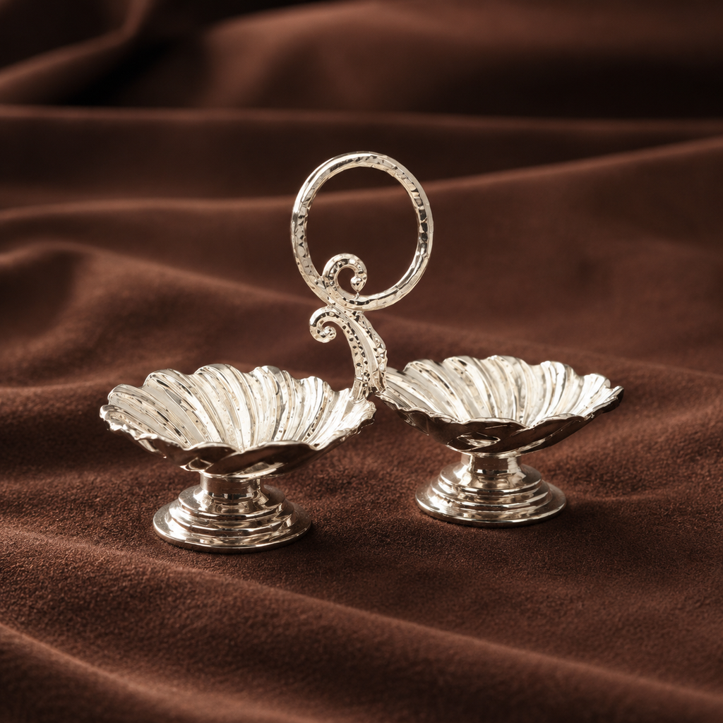 Pure Silver Floral Kumkum Holder | Twin Haldi Kumkum Puja Set