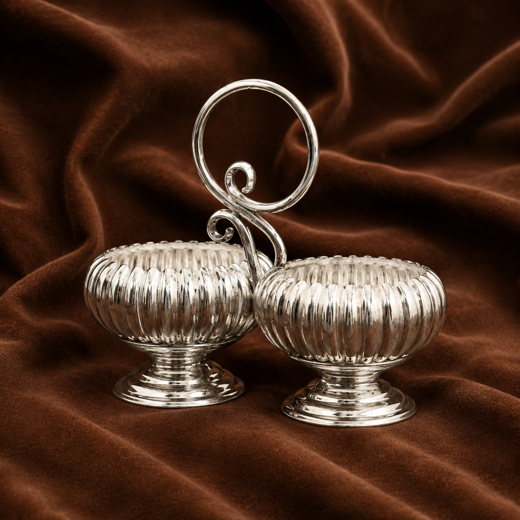 Pure Silver Twin Pedestal Kumkum Holder | Traditional Haldi Kumkum Puja Set