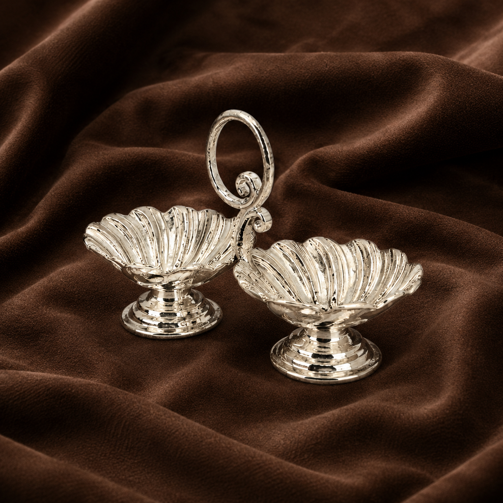 Pure Silver Floral Kumkum Holder | Twin Haldi Kumkum Puja Set