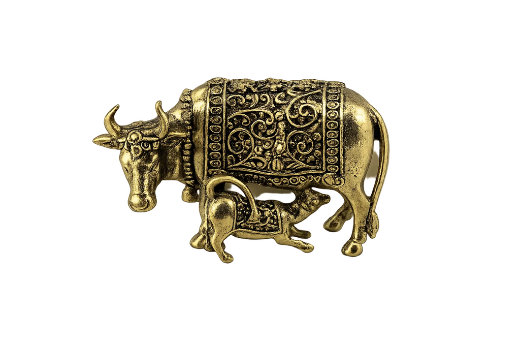 Panchaloha Kamadhenu Cow & Calf Idol | Sacred Gau Mata Murti