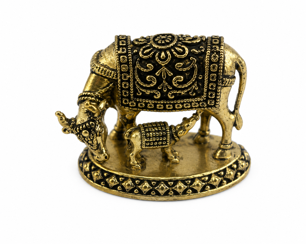Panchaloha Kamadhenu Cow & Calf Idol | Sacred Gau Mata Murti