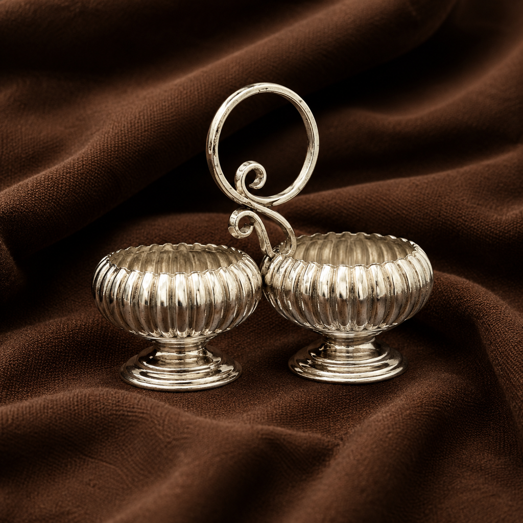 Pure Silver Twin Pedestal Kumkum Holder | Traditional Haldi Kumkum Puja Set