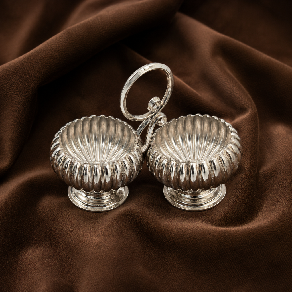 Pure Silver Twin Pedestal Kumkum Holder | Traditional Haldi Kumkum Puja Set