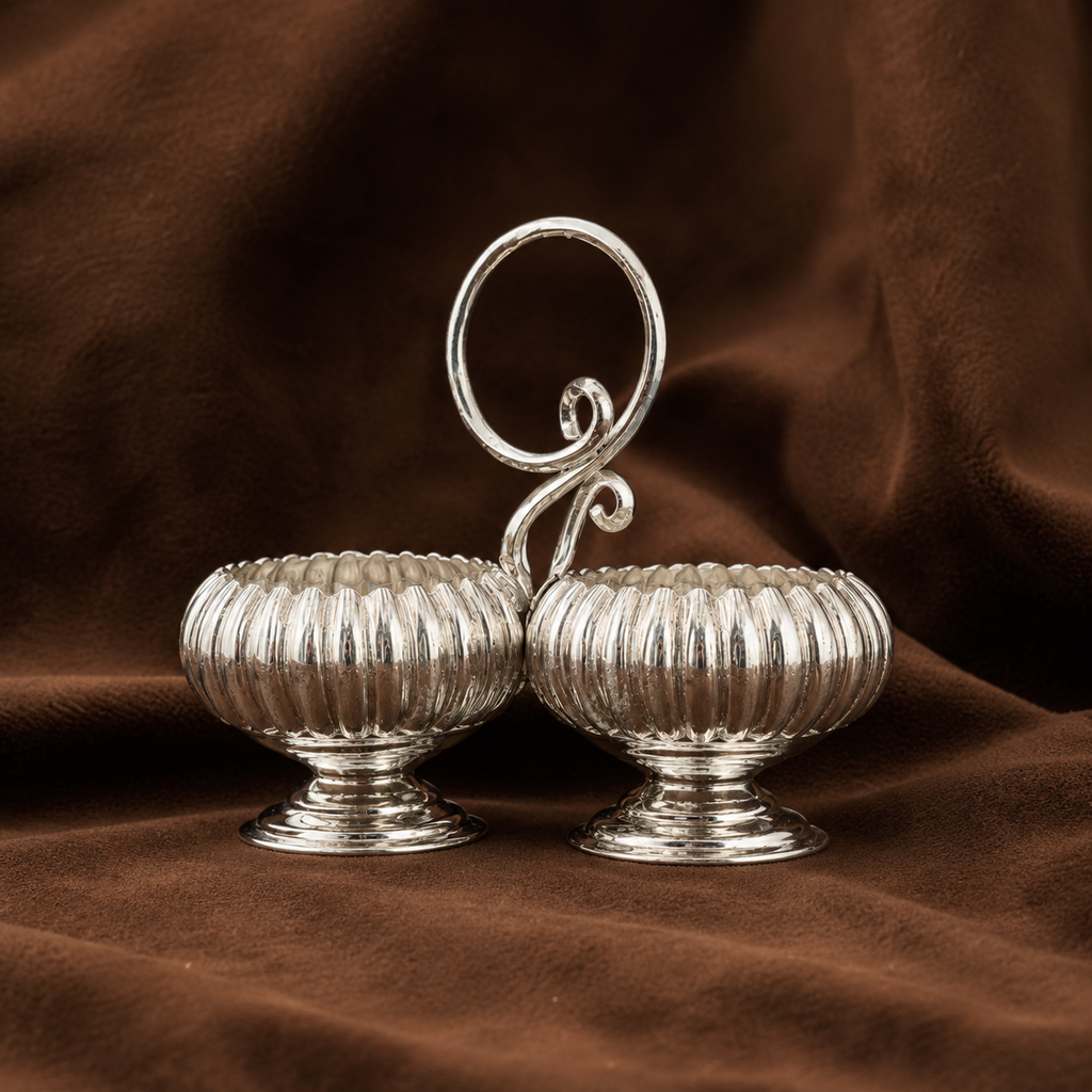Pure Silver Twin Pedestal Kumkum Holder | Traditional Haldi Kumkum Puja Set