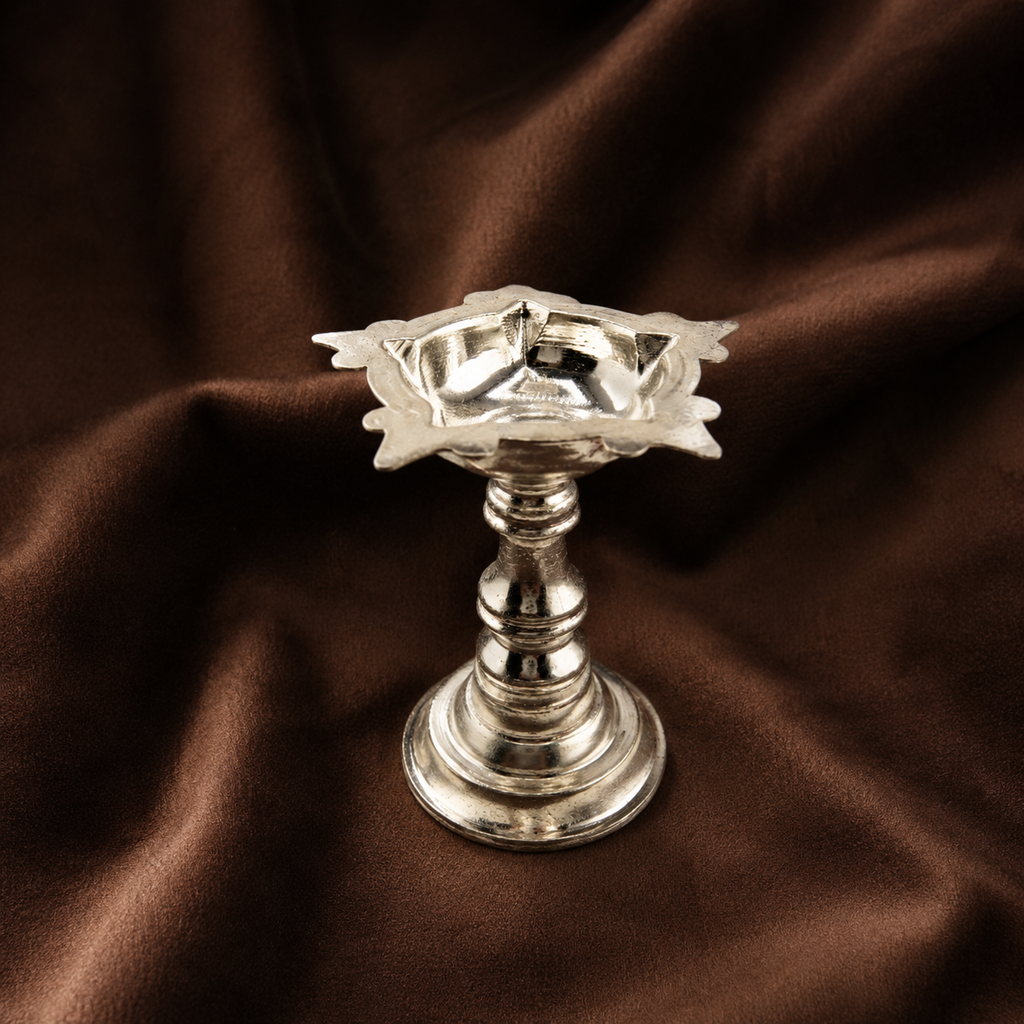 Pure Silver Traditional Samai Diya | 999 Fine Silver Standing Oil Lamp for Puja & Home Temple